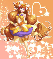 Rule 34 | 1girl, :d, amanogawa kirara, bare shoulders, brown hair, cure twinkle, earrings, go! princess precure, heart, jewelry, long hair, magical girl, multicolored hair, open mouth, petticoat, precure, purple eyes, red hair, sayou, smile, solo, star (symbol), star earrings, thighhighs, twintails, two-tone hair, very long hair, white thighhighs