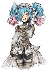 Rule 34 | 1girl, armor, blue hair, breastplate, fire emblem, fire emblem fates, hair over one eye, licking lips, mimasho, multicolored hair, nintendo, peri (fire emblem), pink hair, simple background, tongue, tongue out, twintails, two-tone hair