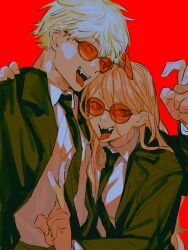 Rule 34 | 1boy, 1girl, black jacket, black necktie, blonde hair, chainsaw man, collared shirt, commentary, cross-shaped pupils, demon girl, demon horns, denji (chainsaw man), formal, hair between eyes, highres, horns, jacket, long hair, long sleeves, looking at viewer, necktie, open mouth, pecopecosupipi, pink hair, power (chainsaw man), red background, red eyes, red horns, sharp teeth, shirt, short hair, simple background, smile, suit, sunglasses, symbol-only commentary, symbol-shaped pupils, teeth, tongue, tongue out, v, white shirt