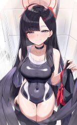 Rule 34 | 1girl, absurdres, black choker, black hair, black one-piece swimsuit, black skirt, black wings, blue archive, blush, breasts, choker, closed mouth, competition swimsuit, covered navel, cowboy shot, feathered wings, fingernails, grey eyes, hair ornament, hairclip, halo, highres, ichika (blue archive), indoors, large breasts, long hair, looking at viewer, one-piece swimsuit, pleated skirt, red halo, rivet (vvrn2825), skirt, smile, solo, swimsuit, tile wall, tiles, wings