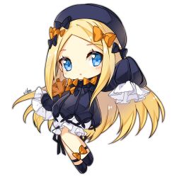 Rule 34 | 1girl, :o, abigail williams (fate), black bow, black dress, black footwear, black hat, blonde hair, bloomers, blue eyes, blush, bow, bug, butterfly, chibi, commentary request, dress, fate/grand order, fate (series), forehead, full body, hair bow, hat, hugging object, insect, long hair, long sleeves, looking at viewer, orange bow, outstretched arm, parted bangs, parted lips, polka dot, polka dot bow, shoes, signature, simple background, sleeves past fingers, sleeves past wrists, solo, stuffed animal, stuffed toy, teddy bear, underwear, very long hair, vilor, white background, white bloomers
