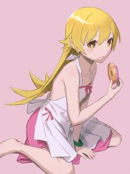 Rule 34 | 1girl, arm support, armpit crease, bare shoulders, blonde hair, blush, bow, bracelet, breasts, closed mouth, collarbone, doughnut, dress, dress bow, eating, female focus, flipped hair, food, food on face, full body, hair between eyes, halterneck, hand up, highres, holding, holding food, jewelry, long hair, looking ahead, looking at viewer, monogatari (series), multicolored clothes, multicolored dress, oshino shinobu, pink background, pink bow, pink dress, shimizu tomoki, sidelocks, simple background, sitting, small breasts, solo, straight hair, swept bangs, very long hair, wariza, white dress, yellow eyes