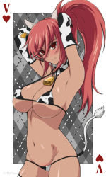 Rule 34 | 10s, 1girl, animal print, armpits, arms behind head, bad id, bad pixiv id, bell, bikini, blush, breasts, card, cow girl, cow print, cow tail, cowbell, dark skin, dark-skinned female, detached collar, ear tag, covered erect nipples, eyes visible through hair, hair over eyes, high ponytail, la hire (ulysses), large breasts, long hair, looking at viewer, micro bikini, natsukimonou, navel, official art, playing card, ponytail, red eyes, red hair, smile, solo, strap gap, sweat, swimsuit, tail, thighhighs, ulysses jeanne d&#039;arc to renkin no kishi, underboob, very long hair