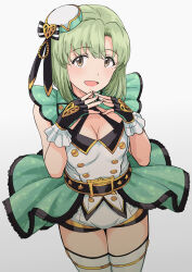 Rule 34 | 1girl, belt, black belt, black gloves, black ribbon, blush, bodysuit, breasts, brown eyes, cleavage, cowboy shot, fingerless gloves, gloves, gradient background, green hair, green skirt, grey background, hands up, hat, hat ribbon, highres, idolmaster, idolmaster (classic), idolmaster starlit season, idolmaster stella stage, looking at viewer, medium breasts, mini hat, mole, mole under eye, open mouth, overskirt, ribbon, shiika (idolmaster), short hair, simple background, skirt, smile, solo, standing, steepled fingers, thighhighs, top! clover (idolmaster), tsurui, white bodysuit, white thighhighs