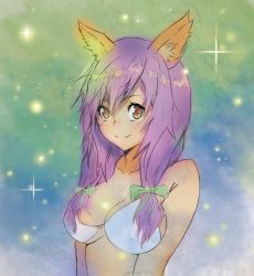 Rule 34 | 1girl, animal ears, bare shoulders, bikini, bikini top only, bow, breasts, brown eyes, character request, cleavage, copyright request, hair bow, long hair, purple hair, rainmaker, smile, solo, swimsuit, twintails, white bikini