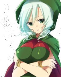 Rule 34 | 1girl, breasts, crossed arms, green eyes, green hair, large breasts, matching hair/eyes, simple background, smile, solo, toosaka asagi, white background