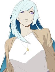 Rule 34 | 1girl, aqua hair, brown jacket, brynhildr (fate), casual, fate/prototype, fate/prototype: fragments of blue and silver, fate (series), gomtang, jacket, jewelry, long hair, looking to the side, multicolored hair, necklace, parted lips, purple eyes, ring, ring necklace, shirt, sketch, solo, two-tone hair, unfinished, upper body, white background, white shirt