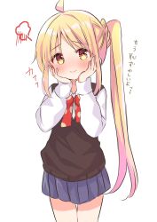 Rule 34 | ahoge, black sweater, blonde hair, blue skirt, blush, bocchi the rock!, bow, bowtie, braid, closed mouth, cowboy shot, eyebrows hidden by hair, gradient hair, hands on own cheeks, hands on own face, hands up, highres, ijichi nijika, long hair, long sleeves, looking at viewer, multicolored hair, nanami ayane (kusunoki5050), one side up, pleated skirt, red bow, red bowtie, ribbon, shy, side ponytail, skirt, standing, sweater, very long hair, white background