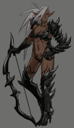Rule 34 | 1girl, abs, armor, bikini, bikini armor, bow (weapon), breasts, cleavage, collarbone, commentary request, dark-skinned female, dark elf, dark skin, drill (emilio), ear piercing, elf, full body, gauntlets, grey background, hair over one eye, high heels, highres, holding, holding bow (weapon), holding weapon, leg armor, leg tattoo, long hair, looking at viewer, medium breasts, midriff, navel, neck tattoo, neytharone (drill (emilio)), original, piercing, pointy ears, ponytail, pubic tattoo, red eyes, simple background, solo, standing, swimsuit, tattoo, weapon, white hair