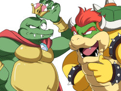 Rule 34 | 2boys, blue eyes, bowser, bracelet, crown, donkey kong (series), donkey kong country, earrings, highres, horns, jewelry, king k. rool, mario (series), multiple boys, new super mario bros. u deluxe, nintendo, open mouth, red hair, smile, spiked bracelet, spikes, super crown, super smash bros., teeth, tina fate