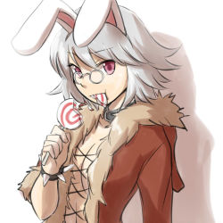 Rule 34 | 1girl, :t, animal ears, belt collar, bracelet, breasts, candy, coat, collar, commentary request, eating, fake animal ears, fishnet top, fishnets, food, fur-trimmed coat, fur trim, glasses, grey headwear, holding, holding food, jewelry, lollipop, looking at viewer, medium breasts, natsuya (kuttuki), pince-nez, pink eyes, rabbit ears, ragnarok online, raised eyebrow, red coat, rogue (ragnarok online), round eyewear, shadow, short hair, simple background, solo, spiked bracelet, spikes, upper body, white background
