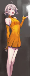Rule 34 | 1girl, :d, abstract background, absurdres, ahoge, arm up, breasts, collar, collared dress, commentary request, dress, elbow gloves, fingerless gloves, gloves, grey hair, henken, highres, looking at viewer, medium breasts, open mouth, orange dress, orange gloves, original, red eyes, shadow, short dress, short hair, simple background, sleeveless, sleeveless dress, smile, solo, standing