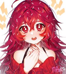 Rule 34 | 1girl, dated, flaky (happy tree friends), happy tree friends, highres, humanization, long hair, long sleeves, looking at viewer, mary felizola, open mouth, red eyes, red hair, red sweater, signature, simple background, solo, sweater, upper body, white background