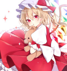 Rule 34 | + +, 1girl, blonde hair, blouse, bow, crying, dress, dress bow, flandre scarlet, hat, hat bow, highres, holding, holding stuffed toy, holding toy, looking at viewer, medium hair, mob cap, open mouth, puffy short sleeves, puffy sleeves, red bow, red dress, red eyes, shirt, short sleeves, side ponytail, simple background, solo, star-shaped pupils, star (symbol), stuffed animal, stuffed toy, symbol-shaped pupils, teddy bear, touhou, toy, white background, white hat, white shirt, wings, yurui tuhu