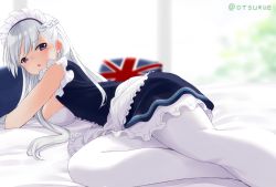 Rule 34 | 1girl, apron, azur lane, bed sheet, belfast (azur lane), blurry, blush, braid, breasts, commentary request, depth of field, dx (dekusu), french braid, frilled apron, frills, indoors, large breasts, long hair, looking at viewer, looking back, lying, maid, maid apron, maid headdress, on bed, on side, open mouth, pantyhose, silver hair, solo, twitter username, union jack, white apron, white pantyhose