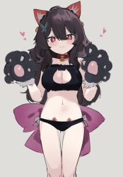 Rule 34 | 1girl, absurdres, animal ear fluff, animal ears, animal hands, bad id, bad pixiv id, bare arms, bare shoulders, black bra, black gloves, black hair, black panties, blush, bow, bra, breasts, butterfly hair ornament, cat cutout, cat ear panties, cat ears, cat lingerie, cleavage, cleavage cutout, closed mouth, clothing cutout, collarbone, fenrir (fenriluuu), fur-trimmed gloves, fur trim, gloves, grey background, groin, hair between eyes, hair ornament, hands up, highres, long hair, looking at viewer, meme attire, navel, original, panties, paw gloves, purple bow, red eyes, simple background, solo, star-shaped pupils, star (symbol), symbol-shaped pupils, underwear, underwear only, very long hair
