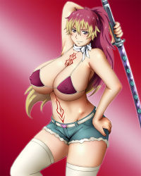 Rule 34 | 1girl, ao no exorcist, armpits, arms up, bare shoulders, bikini, bikini top only, blush, breasts, covered erect nipples, hand on own hip, highres, hip focus, huge breasts, inomaru, kirigakure shura, legs, long hair, looking at viewer, multicolored hair, navel, ponytail, purple eyes, red background, scarf, short shorts, shorts, simple background, smile, solo, standing, swimsuit, sword, tattoo, thighs, weapon, white legwear