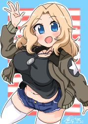 Rule 34 | 10s, 1girl, :d, absurdres, artist name, black shirt, blonde hair, blue eyes, blue shorts, bouncing breasts, breasts, brown jacket, commentary, cowboy shot, cutoffs, dated, denim, denim shorts, dog tags, emblem, fanta (the banana pistols), girls und panzer, hair intakes, highres, jacket, kay (girls und panzer), long hair, long sleeves, looking at viewer, medium breasts, midriff, military, military uniform, navel, open mouth, saunders military uniform, shirt, short shorts, shorts, signature, skindentation, smile, solo, standing, star (symbol), striped, striped background, thighhighs, uniform, waving, white thighhighs