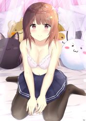 Rule 34 | 1girl, 7 calpis 7, bed sheet, blue skirt, blush, bow, bow bra, bra, breasts, brown hair, brown pantyhose, cleavage, closed mouth, collarbone, commentary request, fingernails, hair ornament, hairclip, highres, long hair, medium breasts, navel, no shoes, original, own hands together, pantyhose, pillow, pink bra, pleated skirt, red eyes, signature, sitting, skirt, smile, solo, star (symbol), star hair ornament, stuffed animal, stuffed rabbit, stuffed cat, stuffed toy, underwear, v arms, very long hair, wariza