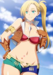 Rule 34 | 1girl, aqua eyes, armlet, bare shoulders, bikini, blonde hair, blue shorts, blue sky, breasts, brown gloves, brown vest, calamity jane (fate), cleavage, closed mouth, collarbone, cropped vest, earrings, facial tattoo, fate/grand order, fate (series), fingerless gloves, gloves, green shorts, hara (harayutaka), highres, hoop earrings, jewelry, large breasts, long hair, looking at viewer, navel, neck ring, open clothes, open vest, red bikini, short shorts, shorts, side ponytail, sky, smile, star tattoo, stomach tattoo, swimsuit, tattoo, two-tone shorts, vest