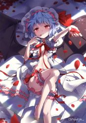 Rule 34 | 1girl, :&lt;, artist name, bare legs, barefoot, bat wings, bed sheet, black wings, blood, blue eyes, blue hair, bow, bowtie, breasts, bridal garter, closed mouth, dress, feet, finger to mouth, fingernails, foreshortening, hat, hat ribbon, head tilt, indoors, knee up, looking at viewer, lying, mob cap, no bra, nyanya, on back, on bed, open clothes, open dress, outstretched arm, panties, petals, puffy short sleeves, puffy sleeves, red bow, red bowtie, red eyes, red ribbon, remilia scarlet, ribbon, rose petals, short hair, short sleeves, small breasts, solo, sparkle, tareme, thigh strap, thighs, touhou, underwear, white dress, white panties, wings