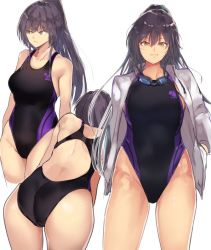 Rule 34 | 1girl, ass, bad id, bad twitter id, black hair, black one-piece swimsuit, breasts, cafe au lait (kafeore), collarbone, competition swimsuit, cowboy shot, goggles, goggles around neck, hands in pockets, highleg, highleg swimsuit, idolmaster, idolmaster shiny colors, jacket, leaning forward, logo, medium breasts, multiple views, one-piece swimsuit, open clothes, open jacket, ponytail, shirase sakuya, simple background, standing, swimsuit, white background, white jacket, yellow eyes