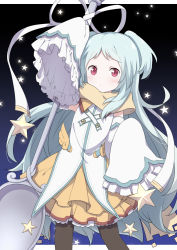 Rule 34 | 1girl, absurdres, arm up, black pantyhose, blue hair, blush, brown scarf, brown skirt, closed mouth, detached sleeves, highres, holding, holding spoon, jacket, layered skirt, letterboxed, lizi, long hair, long sleeves, looking at viewer, miyako (princess connect!), outside border, oversized object, pantyhose, pleated skirt, princess connect!, red eyes, ribbon, scarf, skirt, sleeveless, sleeveless jacket, sleeves past fingers, sleeves past wrists, solo, spoon, star (symbol), starry background, two side up, very long hair, white jacket, white ribbon, white sleeves, wide sleeves