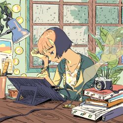 Rule 34 | 1girl, arm support, blue eyes, book, brown hair, calendar (object), camera, cup, expressionless, floral print, green jacket, highres, holding, holding pencil, indoors, jacket, kariya (kry aia), lamp, original, pencil, plant, rain, ruler, short hair, sitting, solo, table, tablet pc, upper body, water drop, window