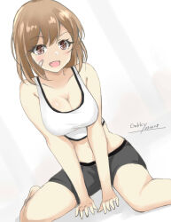 Rule 34 | 1girl, alternate costume, bandaid, bandaid on face, black shorts, breasts, brown hair, collarbone, gakky, kantai collection, looking at viewer, medium breasts, medium hair, navel, oboro (kancolle), one-hour drawing challenge, open mouth, orange hair, shorts, sitting, smile, sports bra, sportswear, wariza, white brs, white sports bra