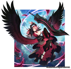 Rule 34 | 1girl, ainezu, arms up, bird, black footwear, breasts, cleavage, copyright name, crow, dress, feathers, hair over one eye, high heels, highres, large breasts, long hair, looking at viewer, muninn (valkyrie connect), official art, orange eyes, pink hair, skull, solo, sword, teeth, valkyrie connect, weapon, wings