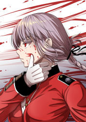 Rule 34 | 1girl, between breasts, black ribbon, blood, blood on face, braid, braided hair rings, breasts, closed mouth, colored eyelashes, expressionless, fate/grand order, fate (series), florence nightingale (fate), gloves, gradient background, hair ribbon, hair rings, jacket, long hair, long sleeves, looking away, military, military uniform, red eyes, red jacket, ribbon, silver hair, solo, thumb to cheek, uniform, upper body, white background, white gloves, wind, wiping, wiping face, youshuu
