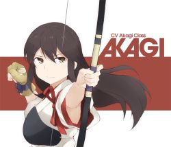 Rule 34 | 10s, 1girl, akagi (kancolle), archery, armpit peek, armpits, bad id, bad twitter id, black hair, bow (weapon), character name, clenched hands, closed mouth, eyebrows, gloves, holding, holding bow (weapon), holding weapon, kantai collection, kyuudou, long hair, looking at viewer, multicolored background, multicolored hair, muneate, partially fingerless gloves, partly fingerless gloves, shigino sohuzi, single glove, solo, tasuki, two-tone hair, upper body, weapon, yellow eyes, yugake