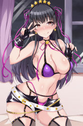 Rule 34 | 1girl, bare shoulders, bb (fate), bb (fate) (all), bb (swimsuit mooncancer) (fate), bb (swimsuit mooncancer) (fate) (cosplay), bb (swimsuit mooncancer) (second ascension) (fate), bead bracelet, beads, belt, bikini, black garter belt, black gloves, black hair, black shorts, black thighhighs, blush, bracelet, breasts, brown eyes, cleavage, closed mouth, collarbone, cosplay, curtains, earrings, fate/grand order, fate (series), fingerless gloves, garter belt, gloves, hair ornament, hair ribbon, hairband, highleg, highleg bikini, highres, idolmaster, idolmaster shiny colors, jewelry, large breasts, licking lips, long hair, looking at viewer, loose belt, mayuzumi fuyuko, micro shorts, naba (take tonbo), navel, neck ribbon, purple bikini, ribbon, shorts, smile, star (symbol), star earrings, star hair ornament, studded garter belt, swimsuit, thighhighs, thighs, tongue, tongue out, two side up, w, white belt, window
