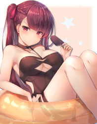 Rule 34 | 1girl, bare arms, bare shoulders, black choker, black one-piece swimsuit, blush, braid, breasts, casual one-piece swimsuit, choker, cleavage, closed mouth, collarbone, commentary, fingernails, food, girls&#039; frontline, hair ribbon, hand up, head tilt, highres, holding, holding food, ice cream, innertube, large breasts, long hair, looking at viewer, motokonut, official alternate costume, one-piece swimsuit, one side up, orange innertube, red eyes, red hair, red ribbon, ribbon, solo, star (symbol), swim ring, swimsuit, transparent, v-shaped eyebrows, very long hair, wa2000 (girls&#039; frontline), wa2000 (op. manta ray) (girls&#039; frontline)
