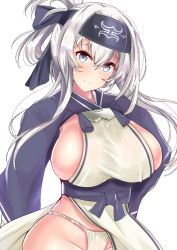 Rule 34 | 10s, 1girl, ainu clothes, blue eyes, blush, breasts, closed mouth, dress, folded ponytail, fundoshi, headgear, highres, huge breasts, japanese clothes, kamoi (kancolle), kantai collection, long hair, long sleeves, looking at viewer, panties, sankakusui, sideboob, silver hair, simple background, skindentation, sleeveless, sleeveless dress, smile, solo, underwear, upper body, white background, white dress, white panties, wide sleeves