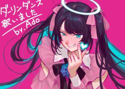 Rule 34 | 1girl, ado (utaite), adochansukisuki, black hair, blue eyes, blue hair, blush, chando (ado), character name, clenched teeth, clothing cutout, cloud nine inc, colored inner hair, commentary, darling dance (vocaloid), finger heart, halo, heart, highres, jirai kei, long sleeves, mole, mole under eye, multicolored hair, nervous sweating, pink background, shoulder cutout, simple background, smile, solo, sweat, teeth, translated, twintails, two-tone hair, upper body, utaite