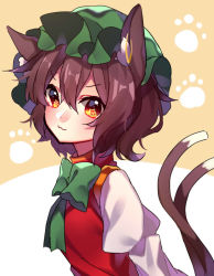 Rule 34 | 1girl, :3, animal ear fluff, animal ears, blush, bow, bowtie, breasts, brown background, brown hair, cat ears, cat tail, chen, closed mouth, earrings, from side, gold trim, green bow, green bowtie, green hat, hair between eyes, hat, jewelry, juliet sleeves, leaning forward, long sleeves, looking at viewer, medium breasts, mob cap, multiple tails, nekomata, puffy sleeves, red vest, renka (sutegoma25), short hair, simple background, single earring, solo, star-shaped pupils, star (symbol), symbol-shaped pupils, tail, touhou, two tails, upper body, v-shaped eyebrows, vest