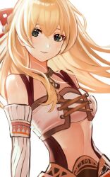 Rule 34 | 1girl, bare shoulders, blonde hair, breasts, commentary request, detached sleeves, fiora (xenoblade), floating hair, green eyes, hair between eyes, highres, kyosuke1413koba, long hair, long sleeves, looking at viewer, medium breasts, parted lips, signature, simple background, smile, solo, upper body, white background, white sleeves, xenoblade chronicles (series), xenoblade chronicles 1