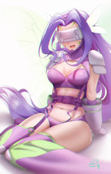 Rule 34 | 1girl, :d, arm support, belt, bikini, boots, breasts, butterfly hair ornament, butterfly wings, cleavage, commentary request, covered eyes, digimon, digimon (creature), facial mark, fairimon, garter straps, gloves, hair ornament, hairband, highres, insect wings, long hair, medium breasts, midriff, navel, open mouth, parted bangs, partial commentary, plump, purple belt, purple bikini, purple footwear, purple gloves, purple hair, purple hairband, semino hazuki, shadow, shoulder pads, signature, simple background, sitting, skindentation, smile, solo, swimsuit, thigh boots, thighhighs, very long hair, visor, wariza, white background, white gloves, wings