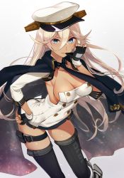 Rule 34 | 1girl, arched back, ass, azur lane, black gloves, black thighhighs, blonde hair, blue eyes, breasts, buttons, cape, cleavage, commentary request, dark-skinned female, dark skin, detached collar, detached sleeves, double-breasted, dress, fingerless gloves, gloves, gold trim, gradient background, hair between eyes, hand on own hip, hat, hayakawa akari, highres, leaning forward, long hair, medium breasts, necktie, short dress, sidelocks, simple background, solo, tennessee (azur lane), thigh strap, thighhighs, triple horizontal stripe, very long hair, white dress