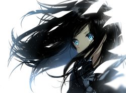 Rule 34 | 1girl, black hair, black serafuku, blue eyes, blurry, commentary, covered mouth, crying, crying with eyes open, depth of field, floating hair, highres, long hair, looking to the side, neckerchief, original, paper, school uniform, serafuku, simple background, sogawa66, solo, tears, tsurime, upper body, white background
