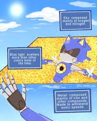 Rule 34 | 1boy, animal ears, armor, artist name, be random now, black sclera, blue armor, blue sky, bug, butterfly, butterfly wings, cloud, cloudy sky, colored sclera, comic, commentary, day, english commentary, english text, fake animal ears, fake claws, flower, hand up, hedgehog ears, highres, insect, insect wings, looking up, lying, male focus, metal sonic, on back, outdoors, pointy nose, red eyes, robot, sky, solo, sonic (series), sun, wings, yellow flower