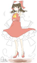 Rule 34 | 1girl, ascot, bad id, bad pixiv id, blank eyes, blank stare, bow, brown hair, detached sleeves, expressionless, floating, frilled skirt, frills, hair bow, hair tubes, hakurei reimu, high heels, highres, long hair, no legwear, petticoat, shirt, signature, simple background, skirt, sleeveless, sleeveless shirt, sleeves past wrists, solo, souta (karasu no ouchi), touhou, white background