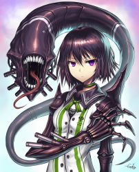 Rule 34 | 1girl, alien, android, black hair, cyborg, gia, looking at viewer, mecha, mechanical arms, monster, mutant, original, purple eyes, robot, saliva, science fiction, serious, short hair, signature, single mechanical arm, slime (substance), solo, teeth, tongue, tongue out