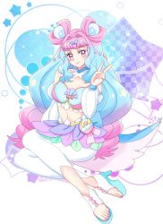 Rule 34 | 1girl, bandeau, blue hair, breasts, crescent moon, cure la mer, detached collar, detached sleeves, eyelash ornament, heart, heart in eye, high heels, highres, laura la mer, layered skirt, leggings, looking at viewer, magical girl, medium breasts, momotarouooi, moon, multicolored clothes, multicolored skirt, nail polish, pearl hair ornament, pink hair, precure, sandals, sitting, skirt, solo, star (symbol), symbol in eye, thick eyelashes, tropical-rouge! precure, v, white background, white leggings