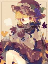Rule 34 | 1girl, :t, adapted costume, aki minoriko, apron, autumn leaves, bag, blonde hair, blue bow, blue skirt, blunt bangs, bow, brown apron, brown coat, brown gloves, brown scarf, coat, commentary, eating, feet out of frame, food, frilled hat, frills, fur-trimmed coat, fur trim, gloves, grape hat ornament, hat, highres, holding, holding food, knees together feet apart, leaf, long sleeves, looking at viewer, mob cap, nikorashi-ka, one-hour drawing challenge, paper bag, plaid, plaid scarf, red eyes, ribbon-trimmed headwear, ribbon trim, scarf, short hair, sitting, skirt, solo, sweet potato, touhou, waist apron