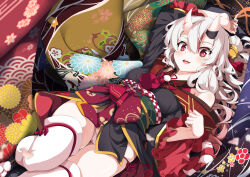 Rule 34 | 1girl, absurdres, bell, black kimono, crescent, floral print, frilled sleeves, frills, gold trim, hair bell, hair between eyes, hair bun, hair ornament, highres, hololive, horn ornament, horns, japanese clothes, kimono, long hair, lying, nakiri ayame, on back, oni, open mouth, panties, red eyes, red tassel, skin-covered horns, tabi, tassel, thighhighs, underwear, virtual youtuber, white hair, white thighhighs, zelitto