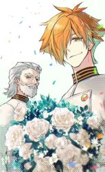 Rule 34 | 2boys, beard, bouquet, confetti, cowlick, dan blackmore, facial hair, fate/extra, fate (series), flower, green eyes, grey hair, hair over one eye, hair slicked back, highres, ichino tomizuki, jacket, looking at viewer, male focus, multiple boys, mustache, old, old man, orange hair, robin hood (fate), rose, short hair, smile, upper body, white background, white flower, white jacket, white rose