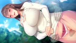 Rule 34 | 1girl, appetite, blurry, blurry background, blush, breasts, brown eyes, brown hair, censored, cleavage, cleavage cutout, clothing aside, clothing cutout, cloud, day, embarrassed, game cg, groin, hands together, invisible man, jewelry, konoe yuki, large breasts, long hair, looking at viewer, matching hair/eyes, mosaic censoring, necklace, open mouth, original, outdoors, panties, panties aside, pantyshot, penis, penis under another&#039;s clothes, pink skirt, pussy, skirt, sky, smile, standing, thigh sex, torso grab, toumei oyaji no stealth ntr, tree, underwear, x-ray