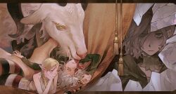 Rule 34 | 1boy, 1girl, animal, bags under eyes, between legs, black footwear, blonde hair, blood, blood on face, boots, braid, braided ponytail, broken mirror, cloak, crying, curtains, demon, duanzhaorz, dungeon meshi, elf, facial mark, forehead mark, giant, goat, green cloak, green shirt, grey hair, grey pants, hair between eyes, hair over one eye, hair over shoulder, highres, hood, hood down, hooded cloak, horizontal pupils, horns, injury, lamia, letterboxed, licking, long hair, looking at another, looking at viewer, lying, mirror, mithrun, monster girl, multiple horns, multiple views, on back, on stomach, one eye closed, outside border, oversized animal, pants, pointy ears, profile, reflection, saliva, shirt, short hair, sideways glance, single braid, size difference, smile, spoilers, tassel, tongue, tongue out, uneven eyes, uniform, yellow eyes